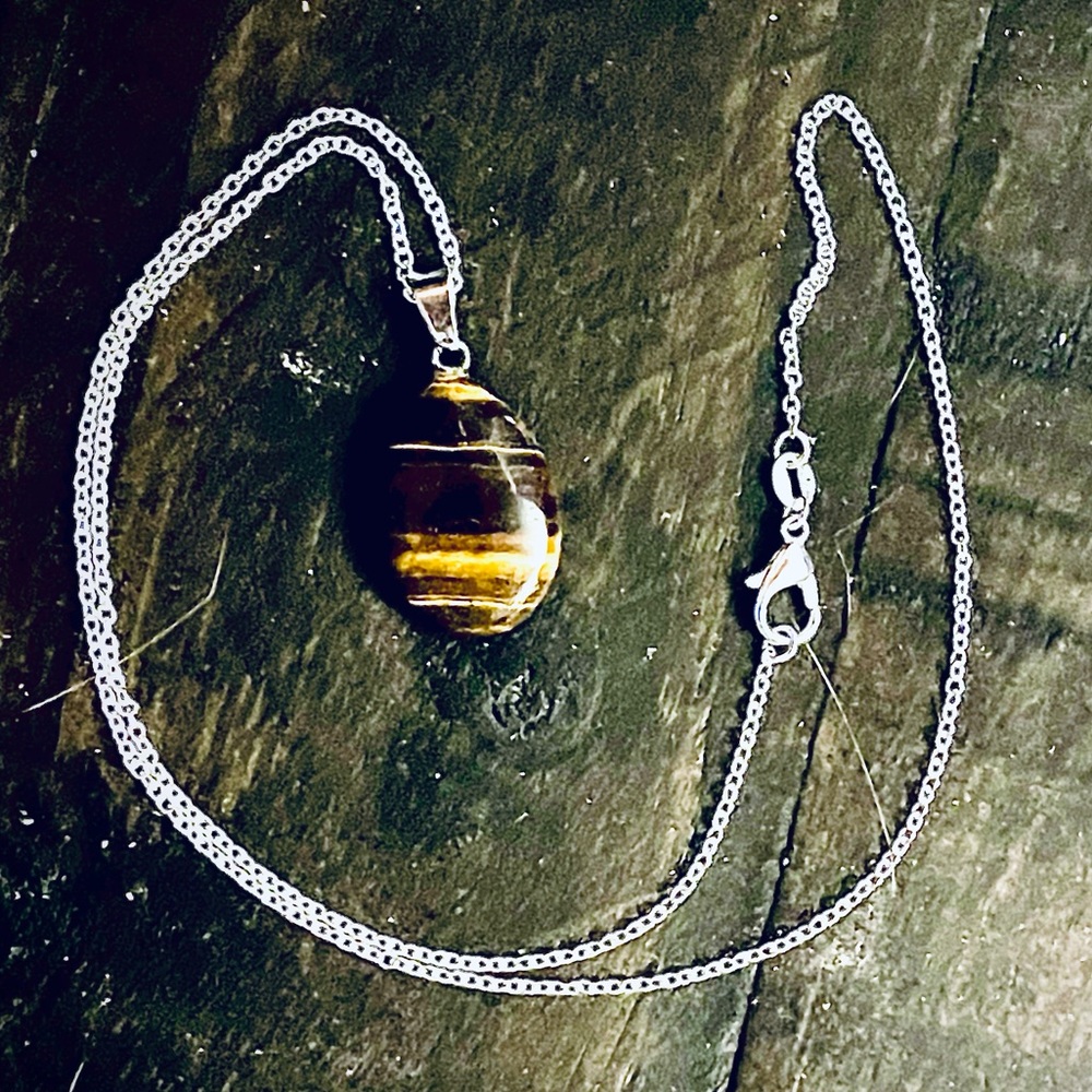 New 925 Sterling Silver Brown Black Tigers Eye Stone Water Drop Necklace - Picture 11 of 14